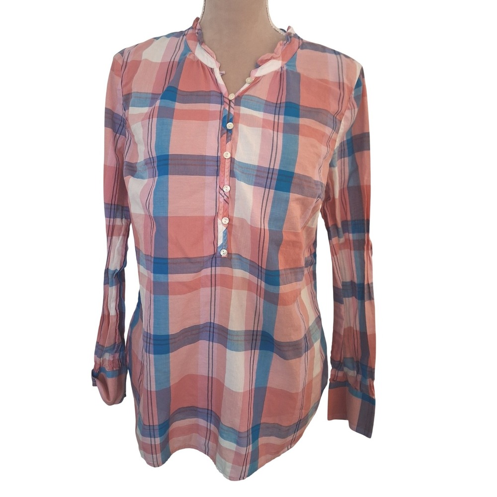 Talbots Womens Medium Pink Blue Plaid Ruffle Neck Cotton Blouse Top  Henley